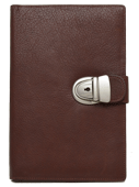 tan leather notebook with locking tab closure